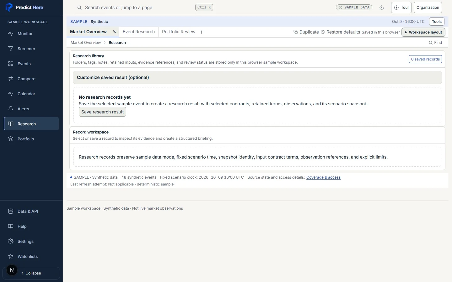 Actual synthetic Research library with a retained-input record and briefing controls
